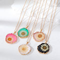 Gold Tone Irregular Pressed Daisy Resin Pendant Necklaces in Five Colors view 1