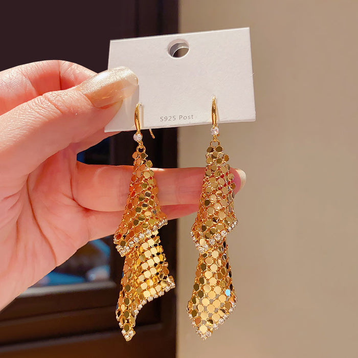 Gold Textured Metal Tassel Hook Earrings Statement Pair