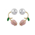 Gold Pink Tulip Pearl Ear Jacket Stud Earrings Green Leaf view 5