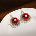 Red Flower Clear Halo White Bead Fringe Hook Earrings view 3