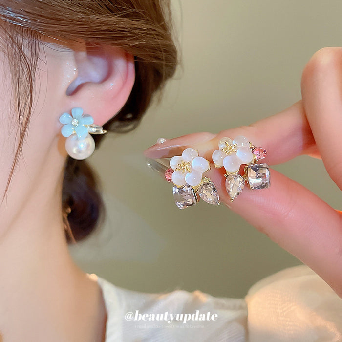 Pink And Blue Floral Pearl Drop Stud Earrings Jewelry Pair
