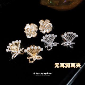 Crystal Floral Ear Clips with Bow and Fan Shaped Designs