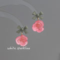 Gray Bow And Pink Rose Flower Drop Stud Earrings For Women view 1