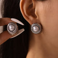 Imitation Pearl Stud Earrings Ribbed Metal Shell Gold Steel Tone view 4