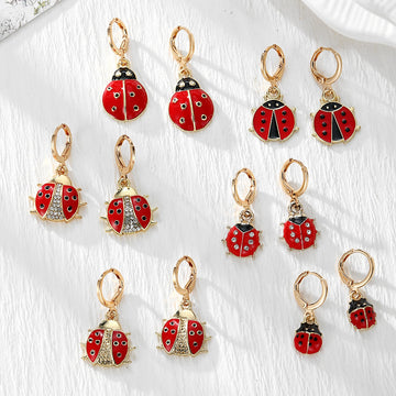 Gold Tone Red Ladybug Huggie Earrings in Six Designs