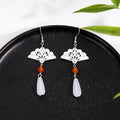 White Filigree Fan Red Bead Teardrop Hook Earrings view 1