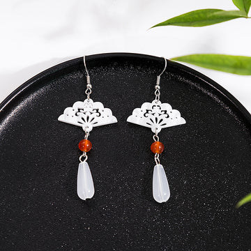 White Filigree Fan Red Bead Teardrop Hook Earrings