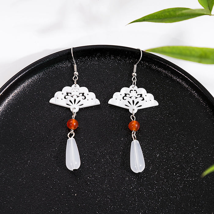 White Filigree Fan Red Bead Teardrop Hook Earrings