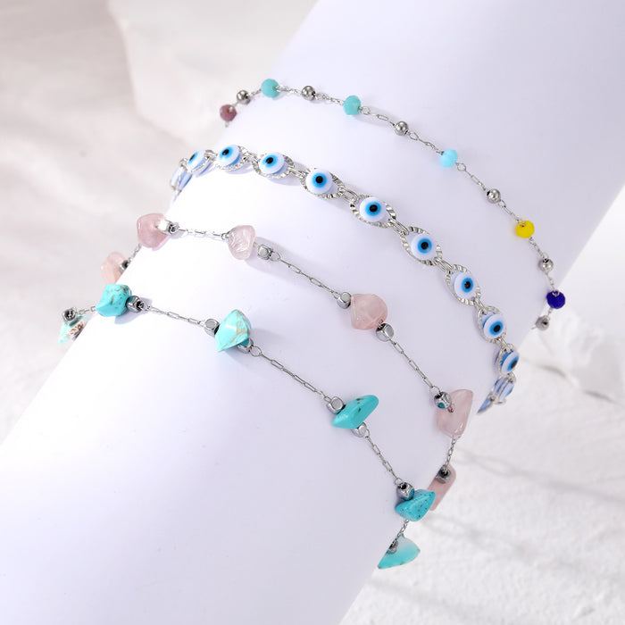 Silver Tone Natural Stone Chip and Evil Eye Bead Bracelets in Four Designs