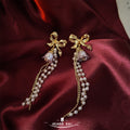 Gold Tone Bow Purple Flower Pearl And Chain Tassel Stud Earrings view 3