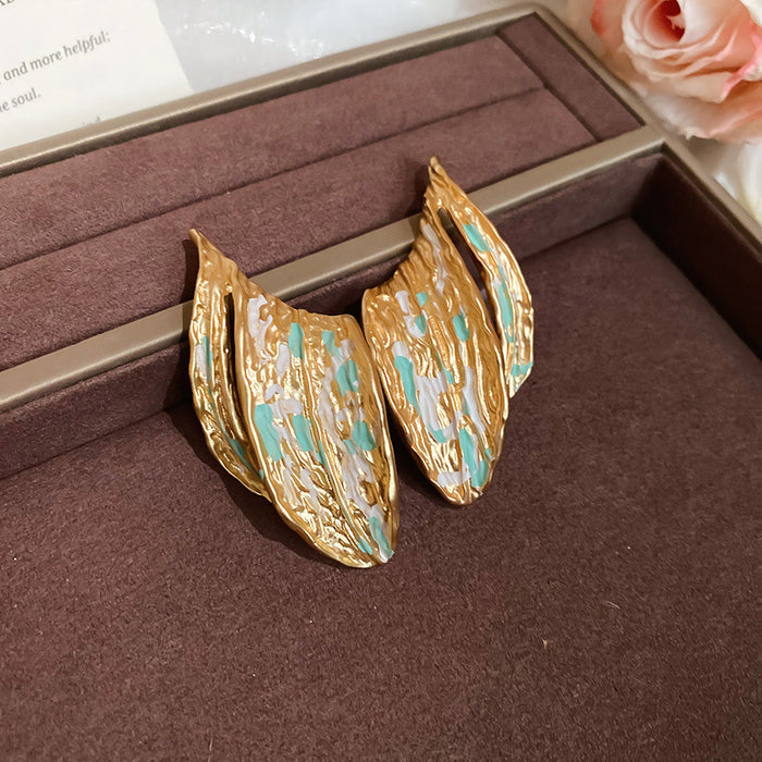 Gold Tone Aqua Leaf Hoop and Pink Floral Drop Earrings