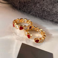 Gold Open Ring Red Enamel Hearts Clear Heart Stones view 2