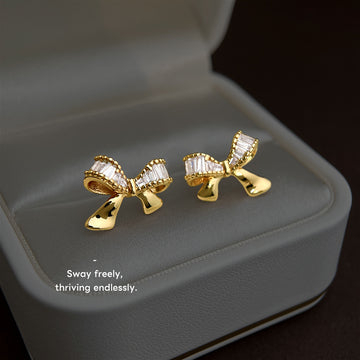 Gold-Tone Baguette CZ Pave Bow Stud Earrings Matching Pair