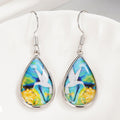 Hummingbird Print Teardrop Dangle Earrings with Fishhook Wires, Silver-Tone Brass view 1