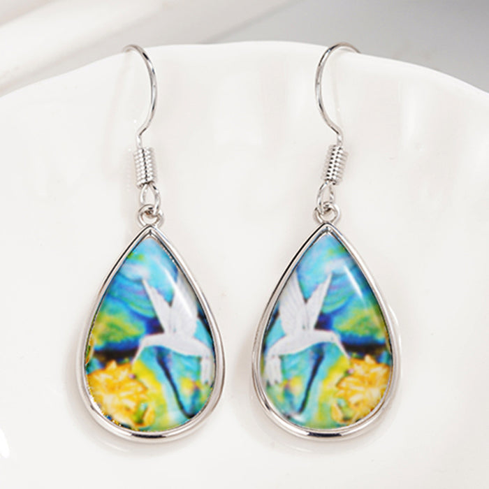 Hummingbird Print Teardrop Dangle Earrings with Fishhook Wires, Silver-Tone Brass