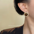 Gold Cushion Tiger Eye Clear CZ Halo Stud Earrings view 2