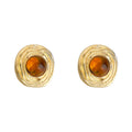 Gold Tone Round Ripple Stud Earrings Amber Center Cabochon Stones view 5