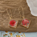 Gold Tone Square Clear Resin Pressed Flower Long Hook Earrings view 7