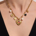 Gold Paperclip Multi Charm Necklaces Heart Zircon Oval view 3