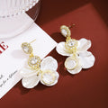 Clear Double Halo White Petal Floral Dangle Earrings view 3