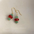 Gold Hook Beaded Drop Earrings Green Red Stone Stack view 4