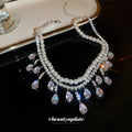 Silver Pearl Rhinestone Double Layer Teardrop Fringe Necklace view 4