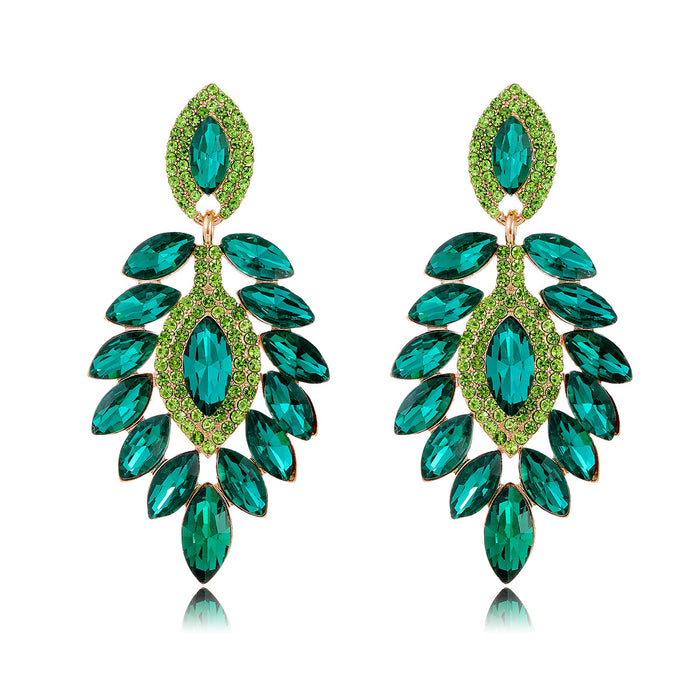 Aqua Green Green Marquise Leaf Geometric Crystal Five Designs Metal Dangle Earrings