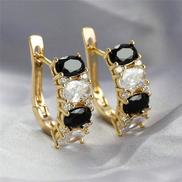 Gold Tone Black Clear Oval CZ Huggie Hoop Earrings