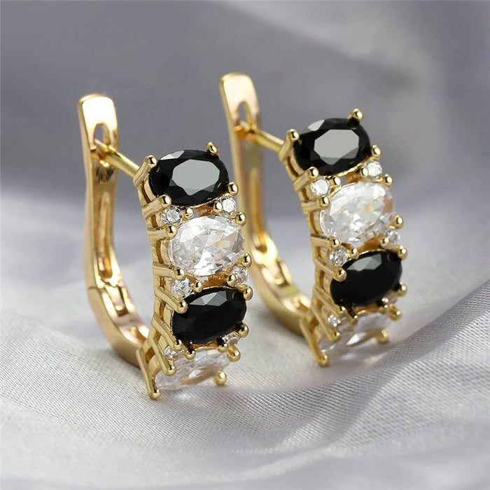 Gold Tone Black Clear Oval CZ Huggie Hoop Earrings