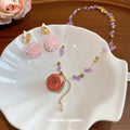 Pink Rose Butterfly Stud Earrings Coral Bead Rose Necklace Two Styles view 2