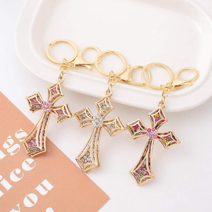 Rhinestone Double Layer Cross Keychain Metal Bag Charm