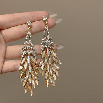 Champagne Crystal Feather Statement Drop Earrings Statement Jewelry