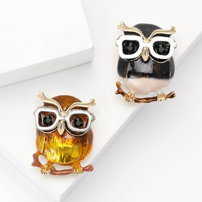 Black and gold enamel owl glasses brooches pair