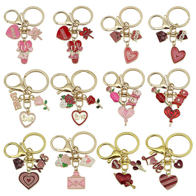 Catalog view of the pictured pink and red love heart metal keychain on a light background