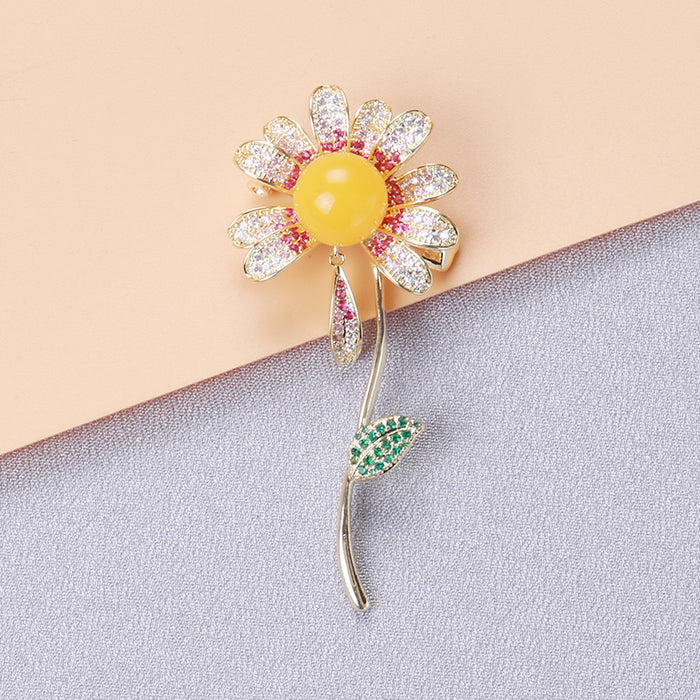 Crystal Daisy Long Stem Brooch in Two Center Colors