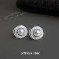 Silver Pearl Center Double Halo Baguette CZ Stud Earrings view 3
