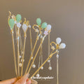 Gold Tone White Petal Hair Stick With Pearl Like Chain Drops view 2