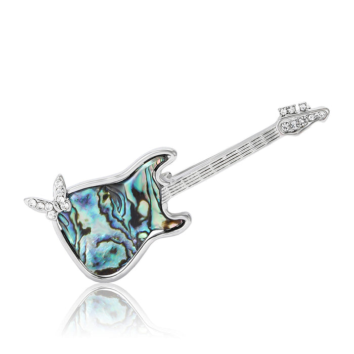 Electric Guitar Brooch in Metal with Silver-tone Body with a Blue Shell-like Inset