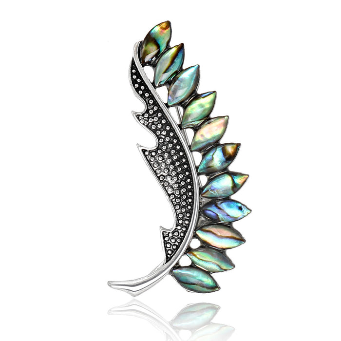 Iridescent Shell Inlay Leaf Brooch with Rhinestone Edge