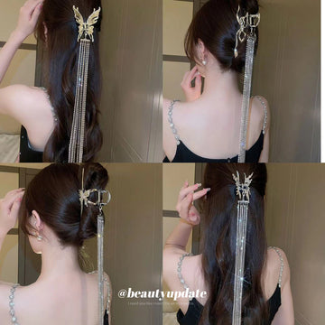 Silver Tone Butterfly Or Bow Hair Claw With Long Crystal Fringe