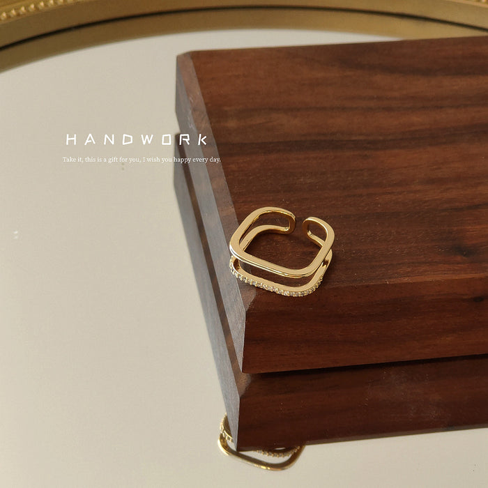 Gold Tone Double Band Open Ring Crystal Pavé Layer