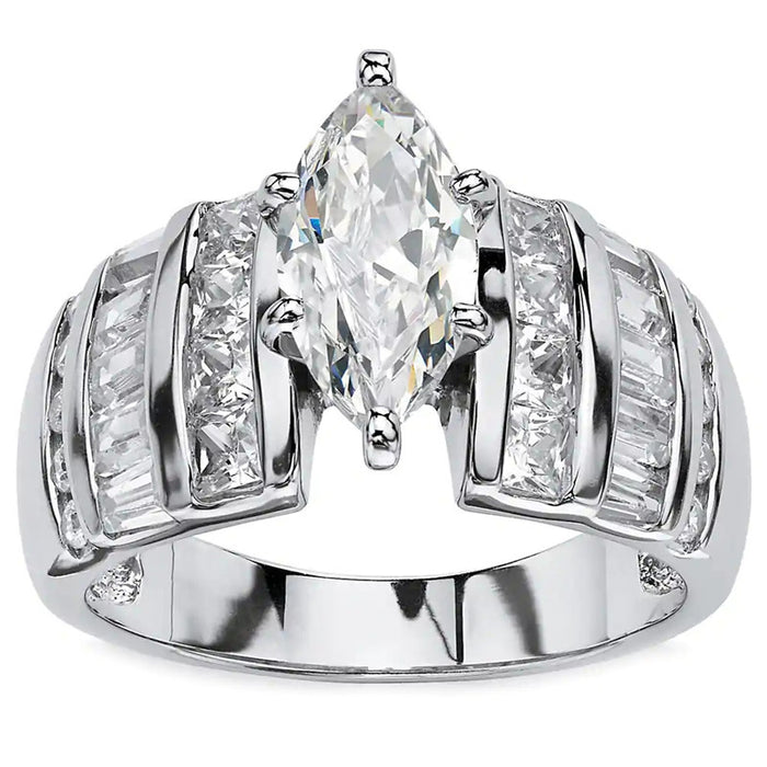 Marquise Clear Solitaire Baguette-Side Wide Ring In Silver Tone