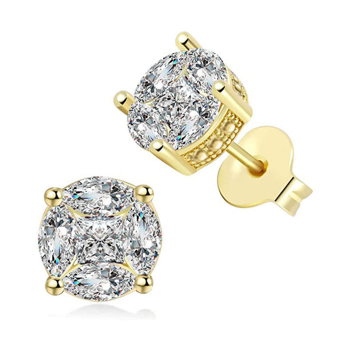 Gold Four-Stone Round Cluster Clear CZ Stud Earrings