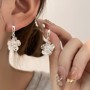 Clear Faceted Flower Drop Earrings in Silver Tone with Silver Posts