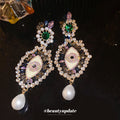 Crystal Eye Drop Earrings with Green Centers and Pearl Drops view 4