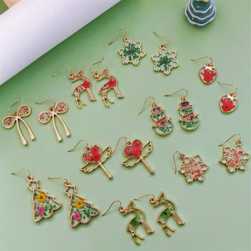 Christmas Dried Flower Resin Drop Earrings Gold Frames 19 Styles