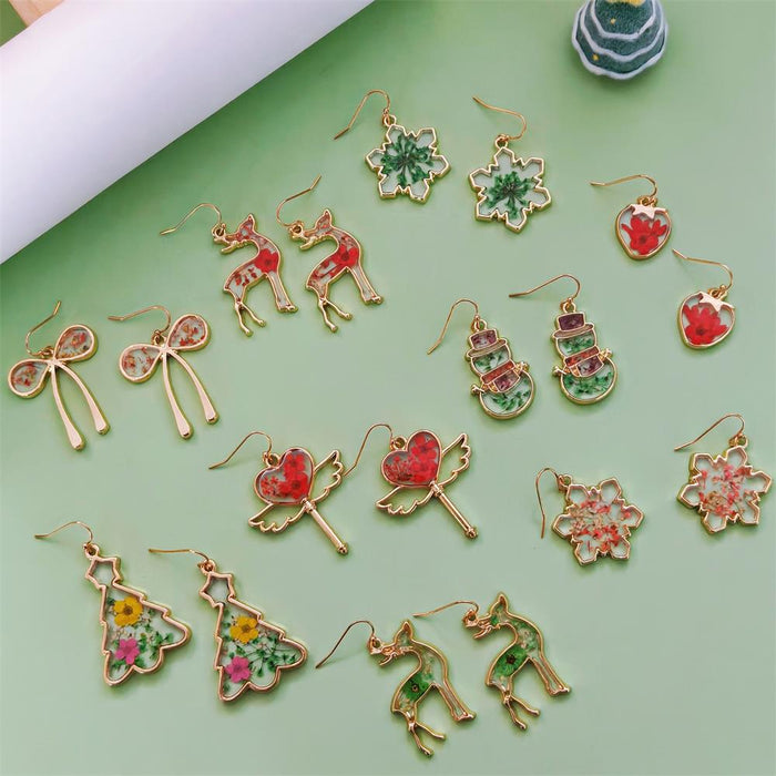 Christmas Dried Flower Resin Drop Earrings Gold Frames 19 Styles