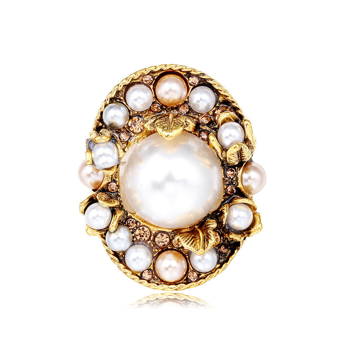 Gold Tone Flower Crystal Pearl Look Metal Brooch Pin 3.5 x 4.1 cm