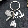 Antique Silver Firefighter Tools and Flame Metal Keychain view 4
