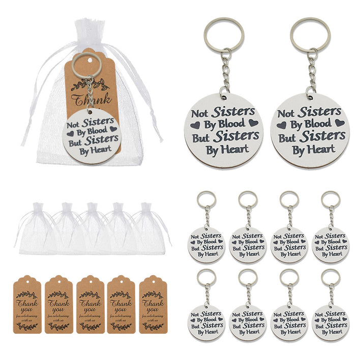 Round Wooden Sisters By Heart Quote Keychain, Two Package Styles